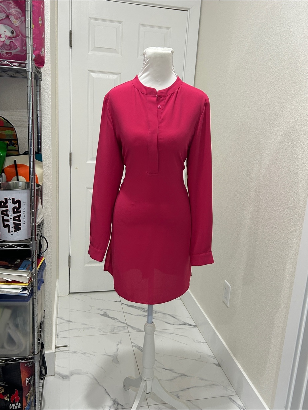 Anne Klein Fuchsia Long-Sleeve Mandarin Collar Mini Dress
